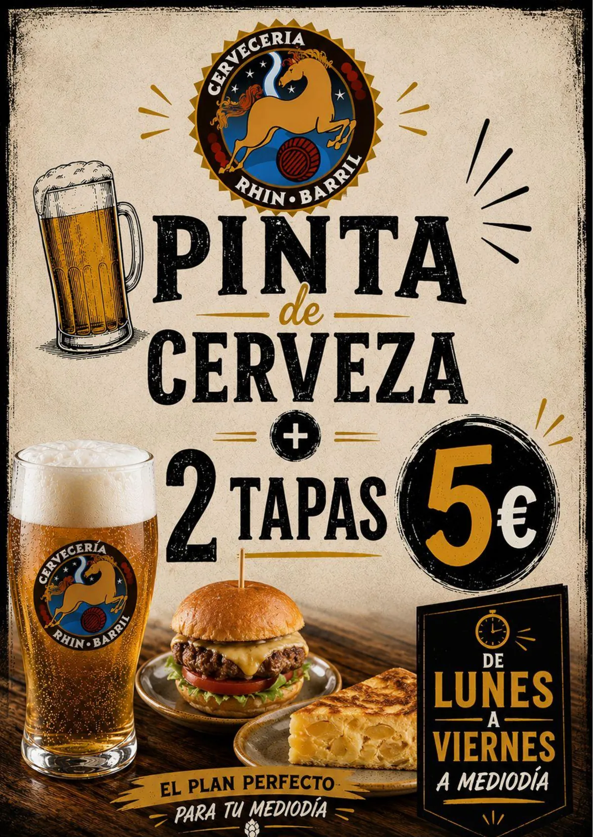 Pinta de cerveza más 2 tapas por 5 euros en Rhin Barril